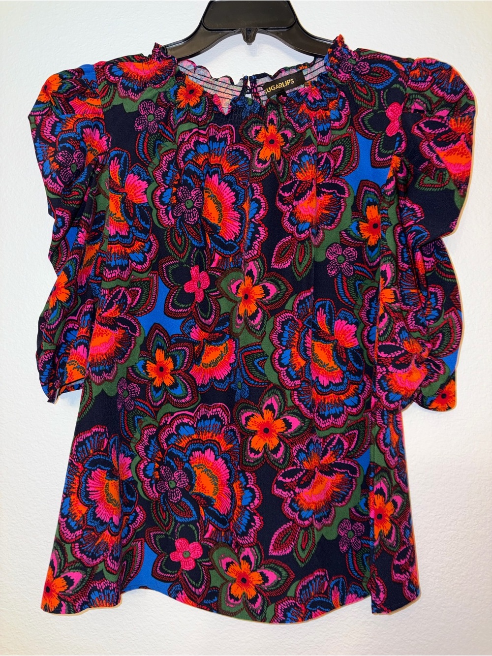 NWT Sugarlips Floral Puff Sleeve Blouse Smocked Mock Neck Top S